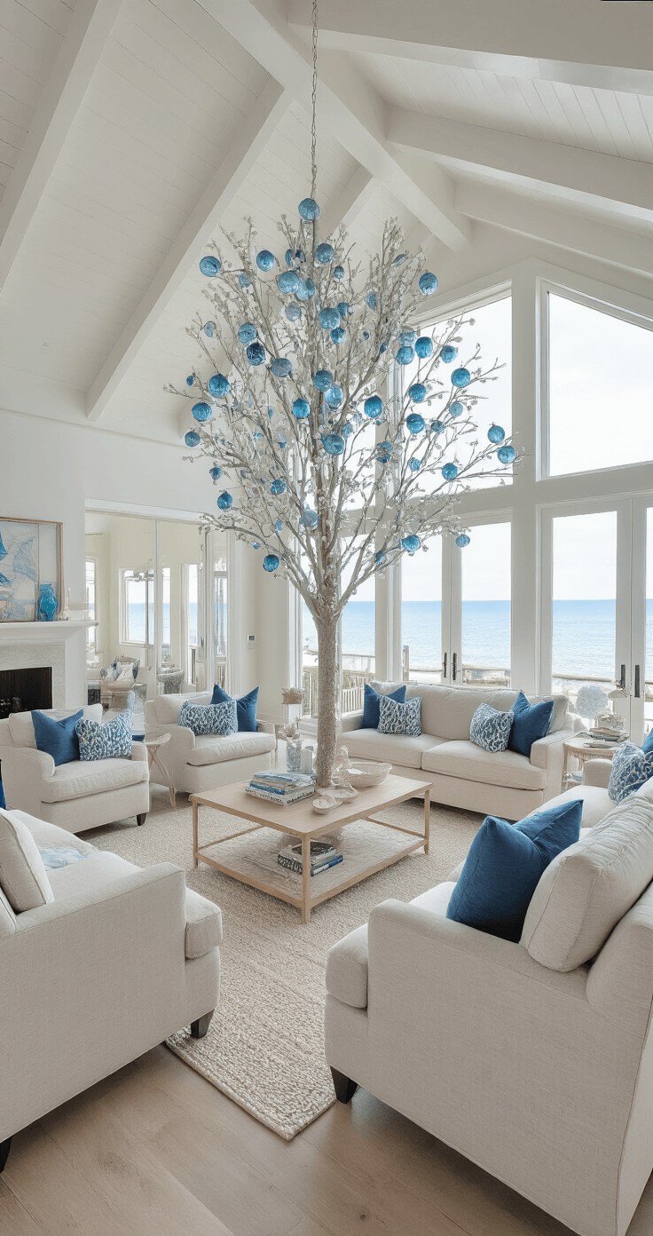 Glamorous Christmas Tree Decor 2025: Your Ultimate Styling Guide A bright and airy coastal modern great room featuring a 25x30ft open layout with a whitewashed cathedral ceiling, illuminated by mid-morning light through a wall of windows. The room includes a 9ft Christmas tree adorned with frosted blue glass, pearl garlands, and silver starfish ornaments, surrounded by clean-lined sandy neutral furniture with blue accents, all viewed from the entryway.