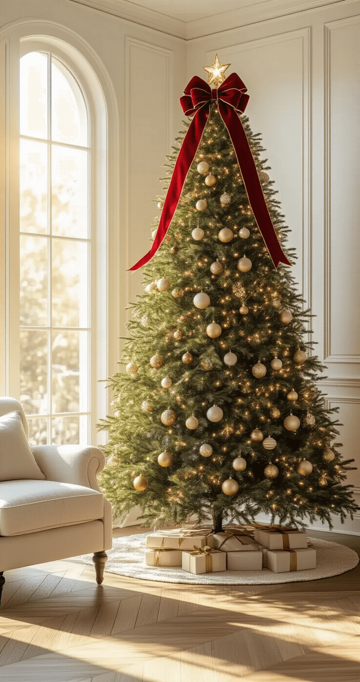 Bow Christmas Tree: The Ultimate Guide to Festive Holiday Styling A cozy corner living room at golden hour featuring a 9-foot Christmas tree with vintage gold and cream ornaments, illuminated by sunlight through large windows, with a dramatic red velvet bow topper and herringbone hardwood floors. A cream boucle armchair is nearby, creating a warm, inviting atmosphere.