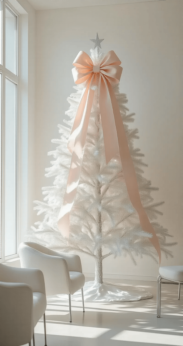 Bow Christmas Tree: The Ultimate Guide to Festive Holiday Styling A modern minimalist great room with white walls, featuring an 8-foot artificial white tree adorned with a large blush pink bow and smaller bows, complemented by ghost chairs and chrome accents, all bathed in soft morning light.