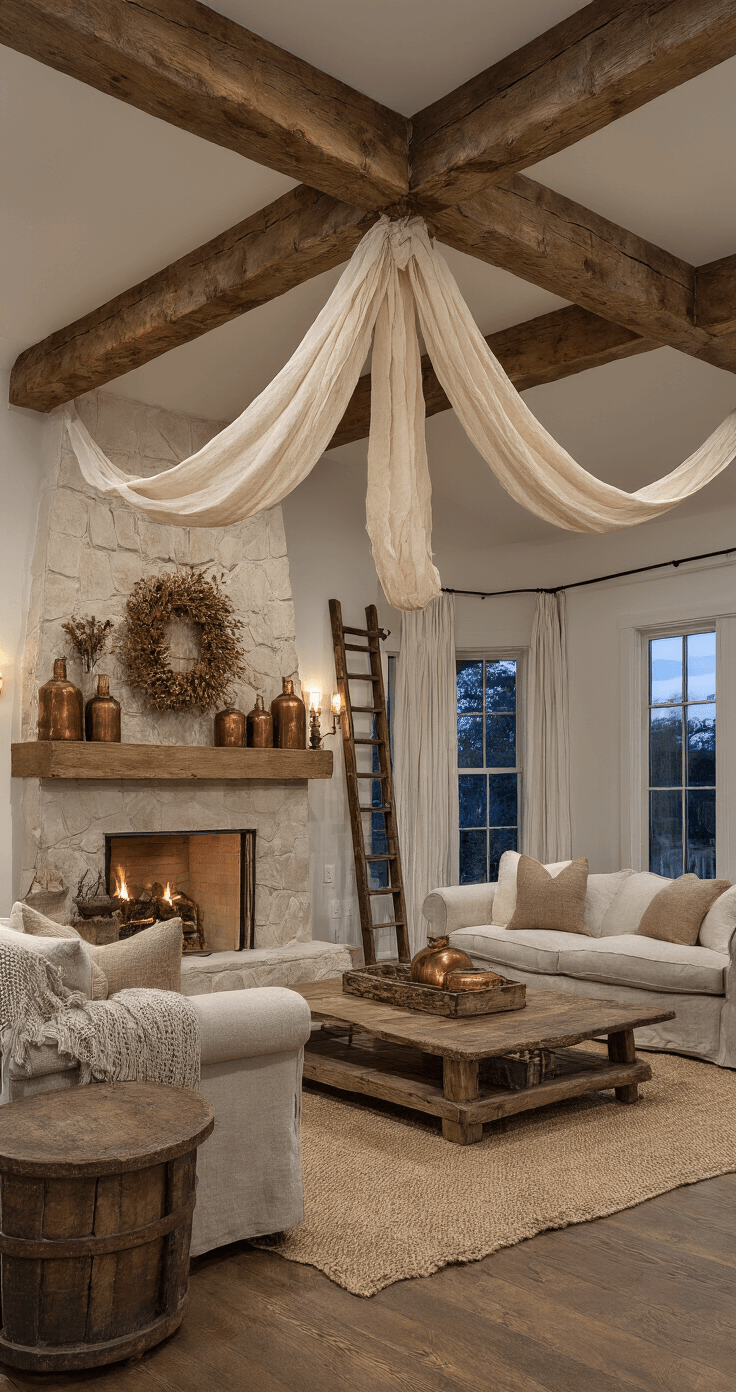 Bow Christmas Tree: The Ultimate Guide to Festive Holiday Styling Cozy farmhouse family room at dusk, featuring a Douglas fir tree adorned with natural burlap and cream linen bow topper, vintage copper ornaments, and wooden accents, viewed through a rustic ladder near a stone fireplace illuminated by warm accent lighting.