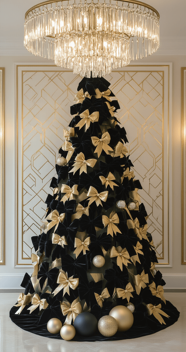Bow Christmas Tree: The Ultimate Guide to Festive Holiday Styling Art deco-inspired formal living room at midnight featuring a 10-foot slim artificial tree adorned with black velvet and gold lamé ribbon bows, geometric cream and gold wallpaper, and a crystal chandelier casting prismatic light across metallic ornaments, all shot straight-on with dramatic uplighting highlighting the architectural details.
