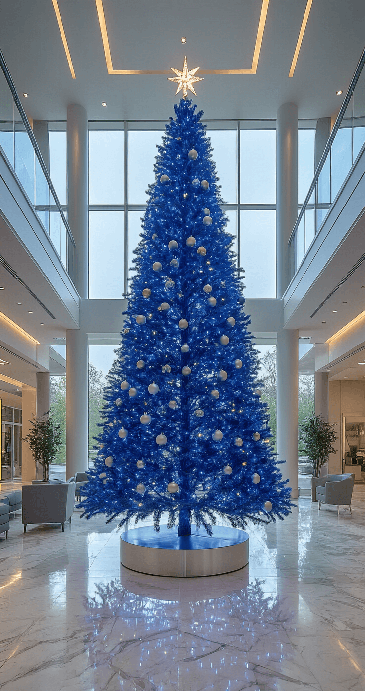 Blue Christmas Tree: A Modern Twist on Holiday Decor A modern corporate lobby featuring a 12-foot metallic blue tree adorned with company-colored ornaments and fiber optic lights, surrounded by floor-to-ceiling windows, marble floors, and chrome and glass accents. The shot captures the tree's height and architectural details, with minimal grey and white furniture and a mix of natural daylight and spotlights creating a professional yet festive atmosphere.