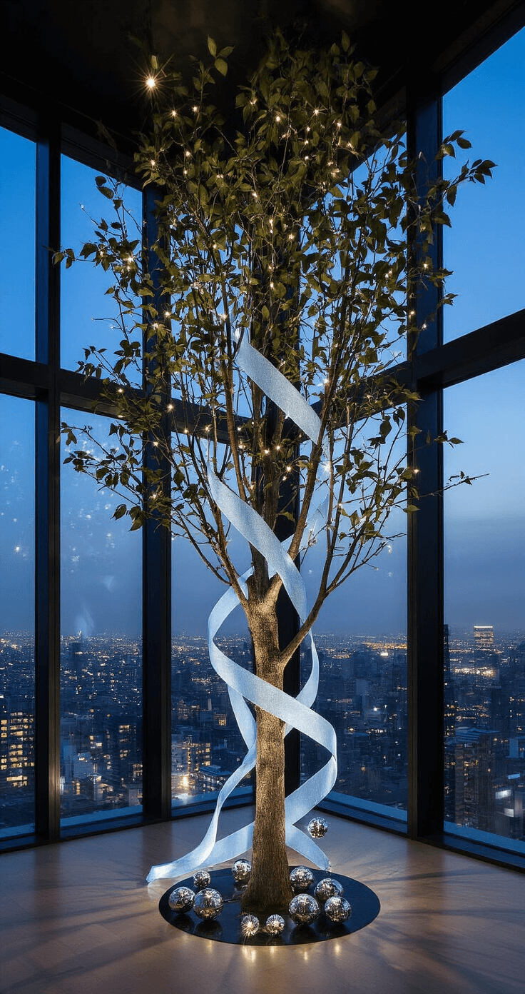 How to Transform Your Christmas Tree with Stunning Ribbon Decor: A Designer's Secret Weapon A contemporary open-concept space featuring a central 10-foot tree adorned with metallic mesh and velvet ribbons, set before floor-to-ceiling windows showcasing city lights at night, illuminated by dramatic uplighting, with mirror-finish ornaments enhancing the light play in a high-contrast scene.
