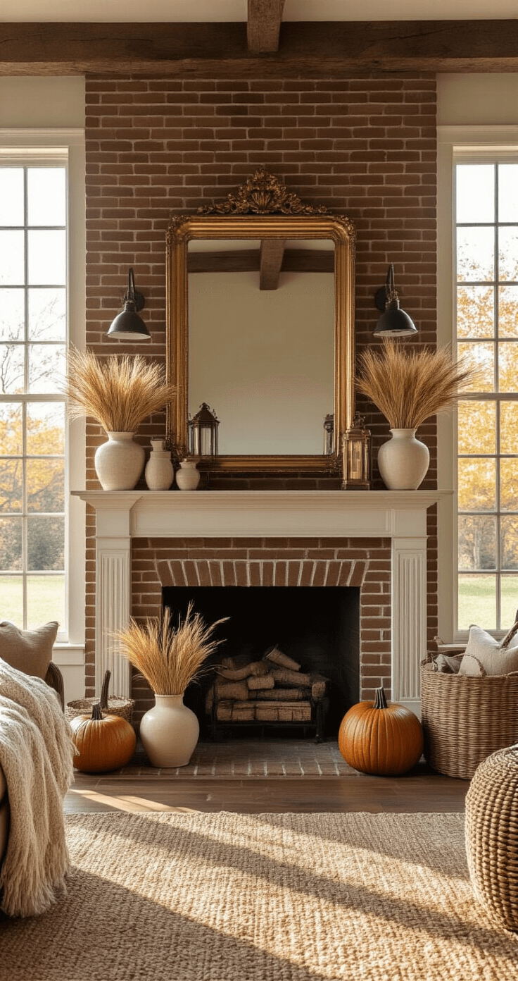 Fall Mantel Decor: Transform Your Space with Autumn Charm A cozy living room with a grand brick fireplace mantel, adorned with a large antiqued gold mirror, weathered copper lanterns, cream ceramic vases of dried wheat, and artisanal wooden pumpkins, all bathed in warm golden hour sunlight from floor-to-ceiling windows. Rich textures from chunky knit throws, woven baskets, and vintage brass candlesticks enhance the inviting atmosphere, with a color palette of burnt sienna, amber, deep olive, and aged copper.