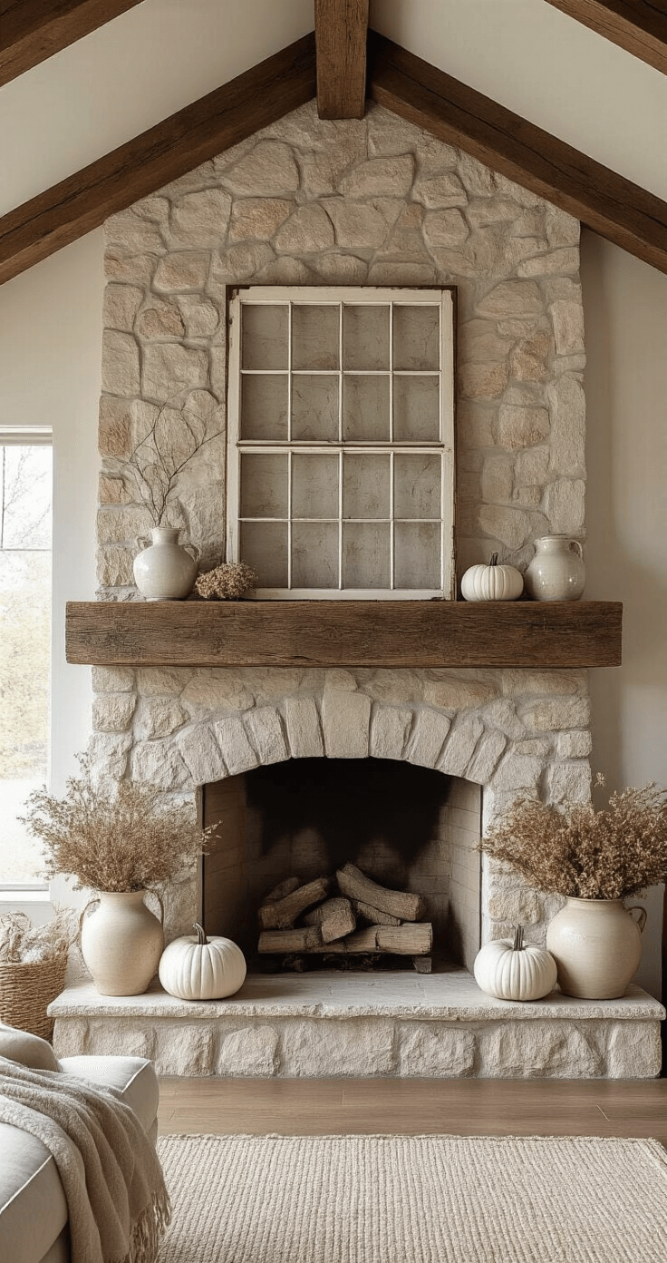 Fall Mantel Decor: Transform Your Space with Autumn Charm A rustic stone fireplace in a cathedral-ceiling great room, illuminated by soft morning light. The massive reclaimed wood beam mantel displays an oversized vintage window frame, surrounded by asymmetrically styled antique cream enamelware, heirloom white pumpkins, and wild foraged branches. Organic textures of rough-hewn wood, smooth ceramics, dried hydrangeas, and raw linen in weathered white, sage green, warm beige, and subtle rust, captured in a wide-angle shot highlighting the room's height and scale.