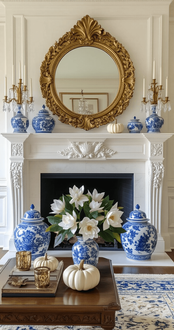 Fall Mantel Decor: Transform Your Space with Autumn Charm Traditional carved limestone fireplace in a formal living room during blue hour, featuring a classic white mantel with an ornate gilded mirror, crystal hurricanes, blue and white chinoiserie vases with magnolia leaves, and hand-painted ceramic pumpkins, complemented by luxe elements like silk tassels and mercury glass votives, all presented in a warm color palette of navy, antique gold, cream, and rich browns.