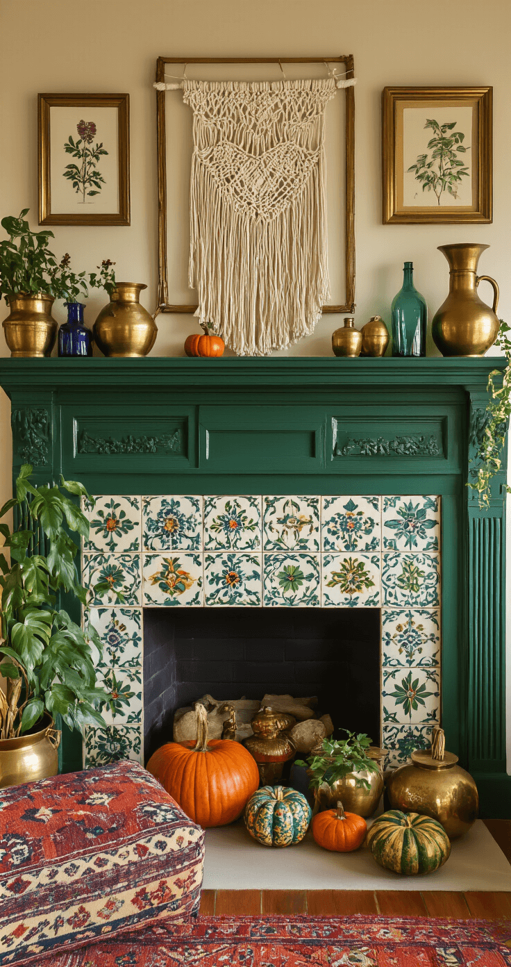 Fall Mantel Decor: Transform Your Space with Autumn Charm Bohemian-style fireplace in an eclectic den, featuring a deep green mantel adorned with vintage botanical prints and a warm golden hour glow illuminating brass vessels and colorful glass bottles, complemented by macramé decor and kilim cushions.