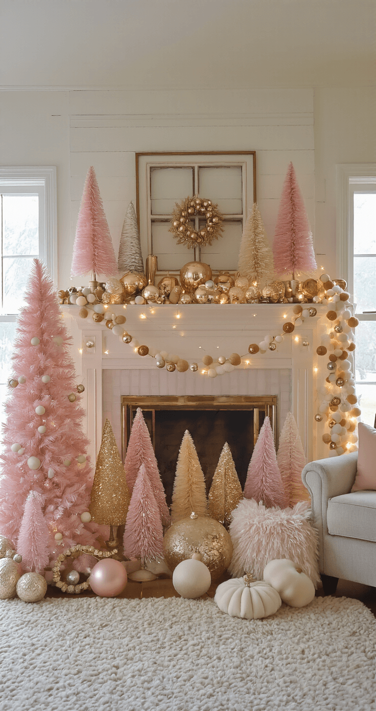 Transforming Your Fireplace into a Christmas Wonderland: The Ultimate Decor Guide Whimsical cozy cottage living room with a blush pink and gold color palette, featuring a fireplace adorned with varied-height pastel bottle brush trees, mercury glass ornaments, and a cream and gold pom-pom garland, all illuminated by warm ambient lighting and twinkle lights.