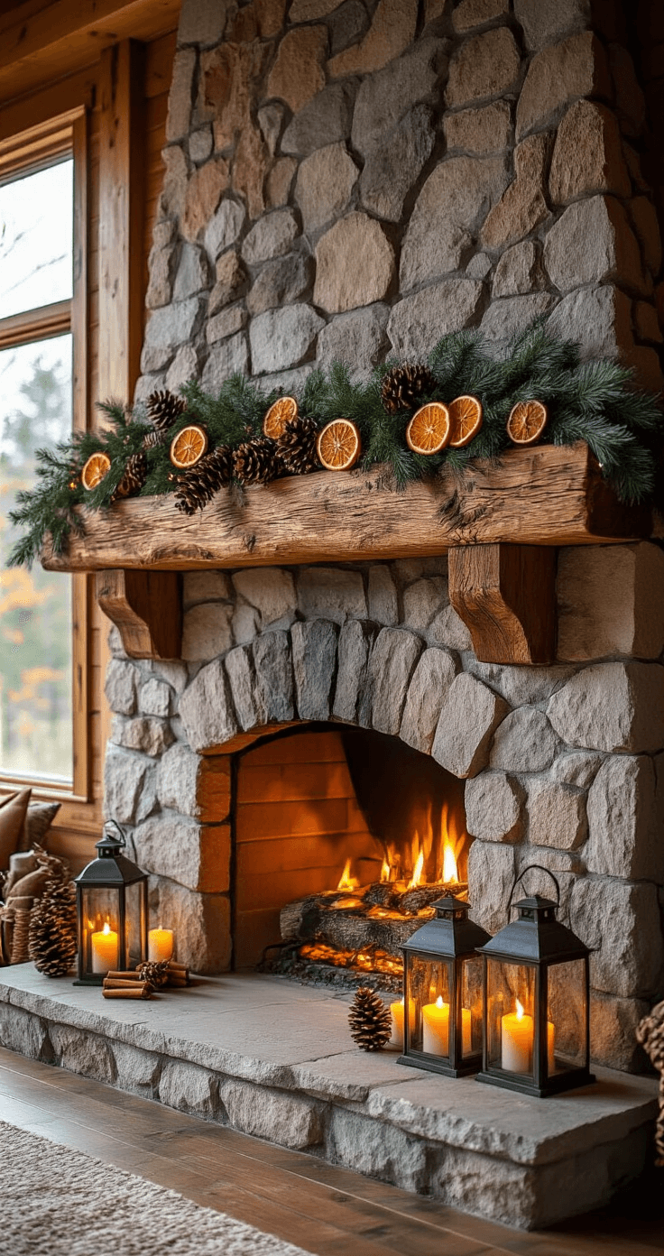 Transforming Your Fireplace into a Christmas Wonderland: The Ultimate Decor Guide Rustic lodge fireplace with a rough-hewn stone surround and wooden beam mantel, adorned with a natural woodland garland of pinecones, dried orange slices, and cinnamon sticks. A cluster of weathered lanterns with flickering LED candles sits on the hearth, illuminated by warm directional light that highlights the stone texture.