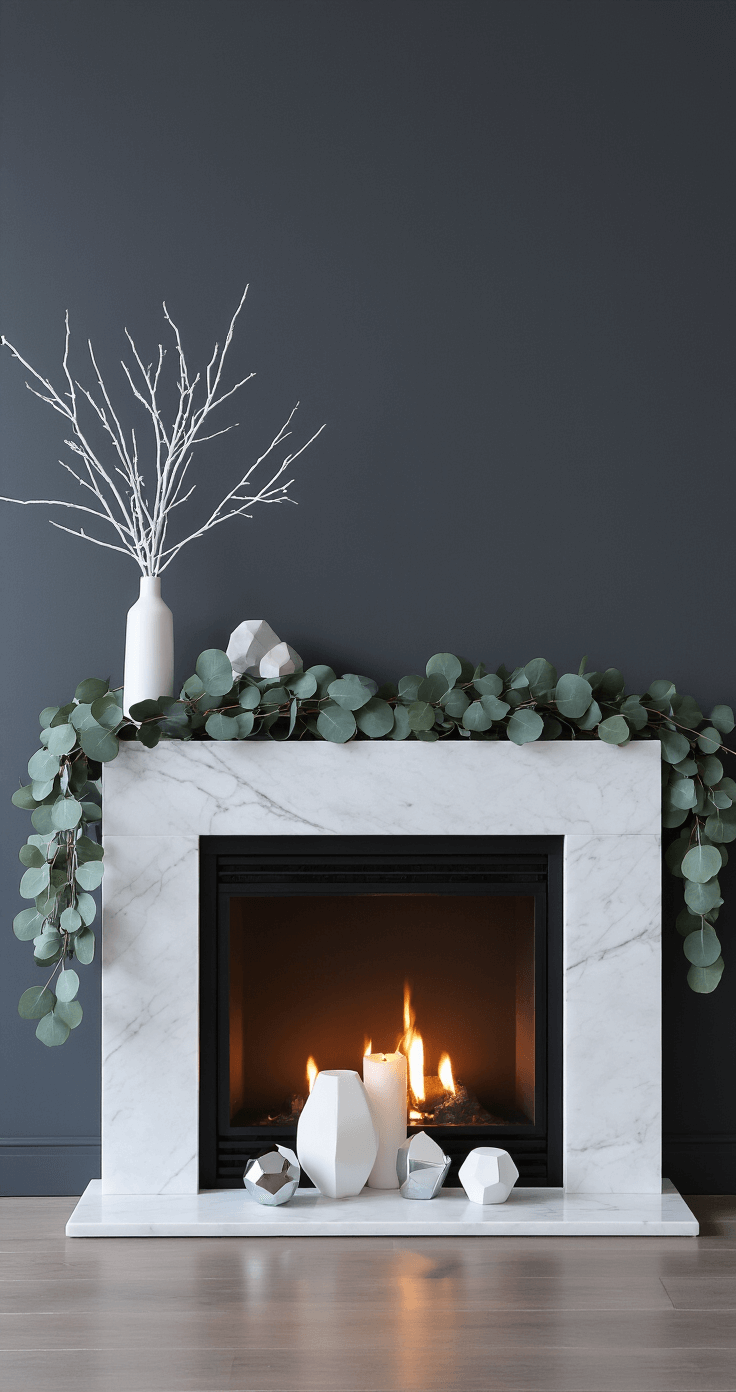 Transforming Your Fireplace into a Christmas Wonderland: The Ultimate Decor Guide A contemporary townhouse fireplace at dusk with a floating white marble mantel on a charcoal-painted wall, adorned with a minimalist garland of silver dollar eucalyptus and white-painted branches. A collection of matte and metallic geometric objects in white, chrome, and ice blue is displayed, captured from a low angle that emphasizes vertical lines, showcasing cool evening light balanced with warm accent lighting.