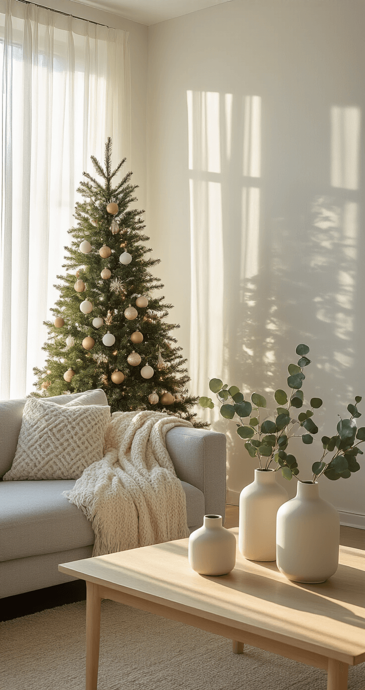 Simple Christmas Décor: Creating a Cozy, Minimalist Holiday Haven A cozy 20x15ft living room at golden hour featuring a 7ft slim pre-lit Christmas tree in a window nook, adorned with champagne and white baubles. Sunlight filters through sheer curtains, creating shadows. A cream wool throw drapes over a gray linen sofa, while hand-thrown ceramic vases with eucalyptus sit on a blonde wood coffee table.