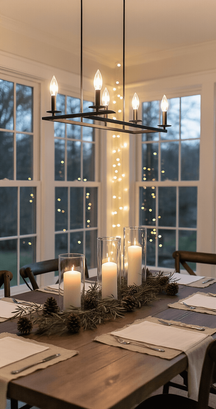 Simple Christmas Décor: Creating a Cozy, Minimalist Holiday Haven Intimate dining space at dusk featuring a farmhouse table with glass vases and candles, accented by fairy lights and natural linen placemats.