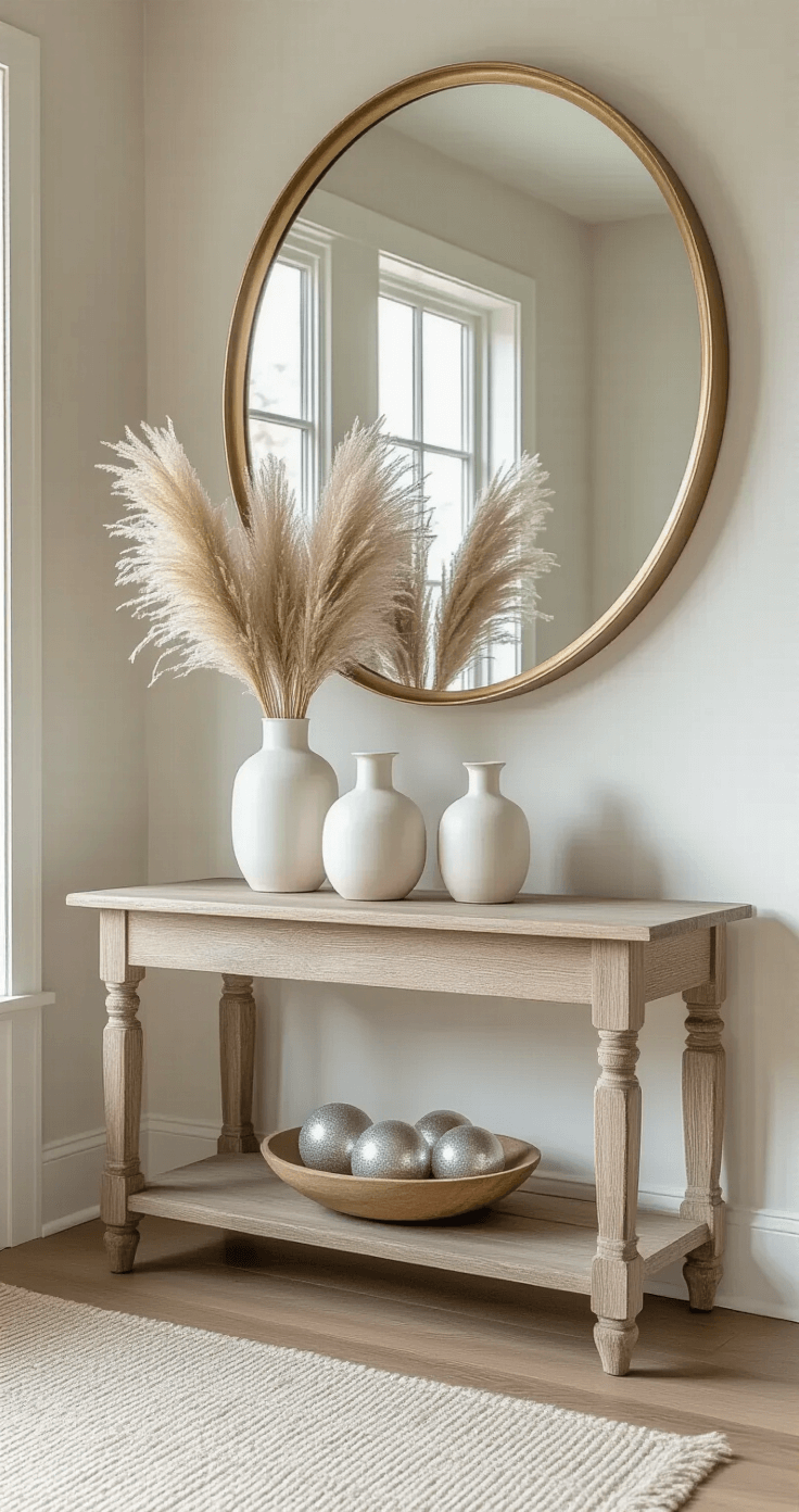 Simple Christmas Décor: Creating a Cozy, Minimalist Holiday Haven A cozy entryway featuring a vintage oak console table with three white ceramic vases of dried pampas grass, a round brass mirror reflecting natural light, and simple glass ornaments in a shallow wooden bowl, all captured from an elevated angle to highlight a geometric patterned wool runner.