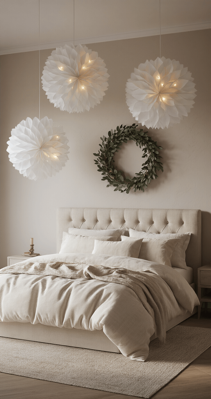 Simple Christmas Décor: Creating a Cozy, Minimalist Holiday Haven A tranquil master bedroom at twilight, featuring a king-sized bed with ivory and oatmeal linens, suspended oversized paper snowflakes casting shadows from warm LED lights, and a minimalist wreath of eucalyptus and olive branches above the upholstered headboard, captured from a corner perspective with soft focus effects.