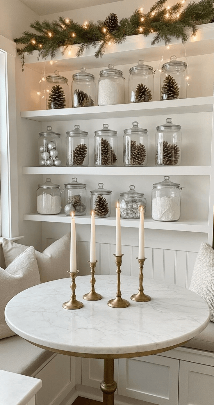 Simple Christmas Décor: Creating a Cozy, Minimalist Holiday Haven A cozy kitchen nook featuring open white shelving showcasing glass canisters with pinecones and silver ornaments, illuminated by mid-morning light. Fairy lights and natural garland adorn the shelves, while a round marble bistro table holds three hand-dipped white taper candles in brass holders, all captured at counter height with soft backlighting.