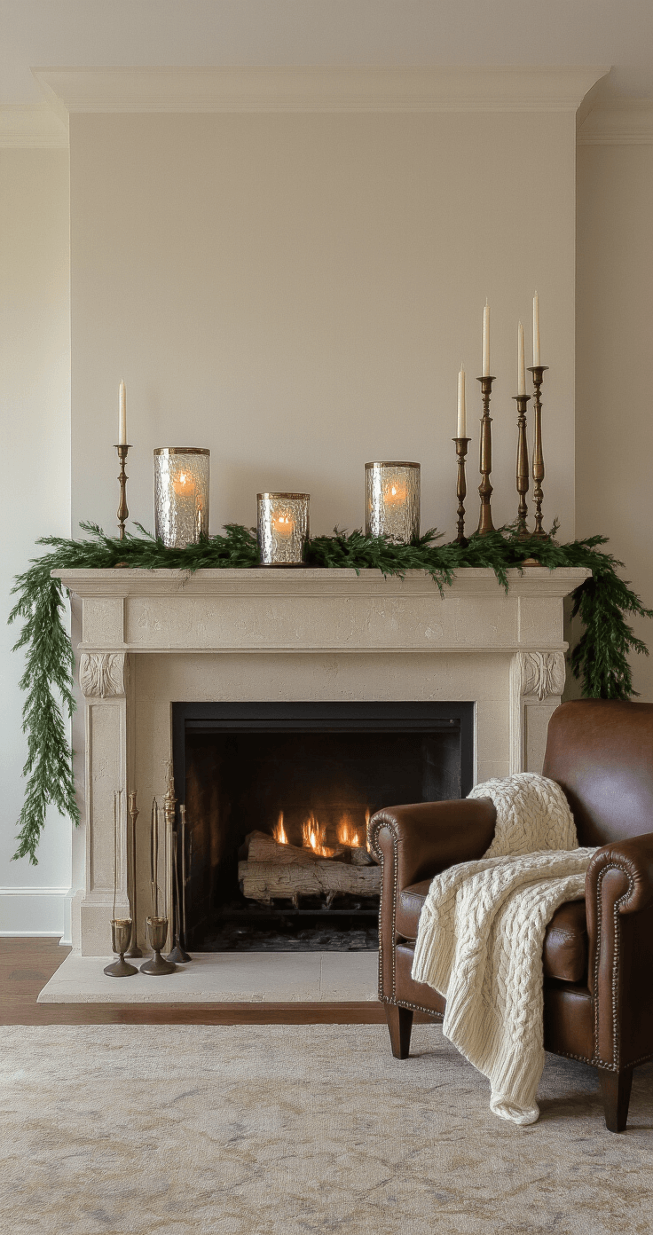 Simple Christmas Décor: Creating a Cozy, Minimalist Holiday Haven A sophisticated study at dusk featuring a limestone fireplace with mercury glass hurricanes and flameless candles, asymmetrical greenery garland, vintage brass candlesticks, and a leather armchair draped with a cream cable-knit throw, all illuminated by warm ambient lighting.