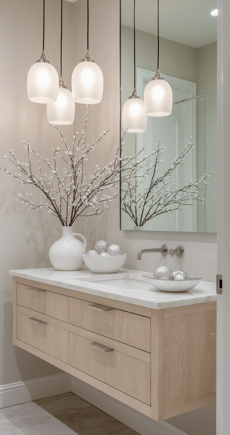 Simple Christmas Décor: Creating a Cozy, Minimalist Holiday Haven An elegant powder room with a floating bleached oak vanity, three cascading frosted glass pendant lights, a floor-to-ceiling mirror, and white ceramic vessels with winter branches, accented by silver and glass ornaments in a shallow marble bowl.