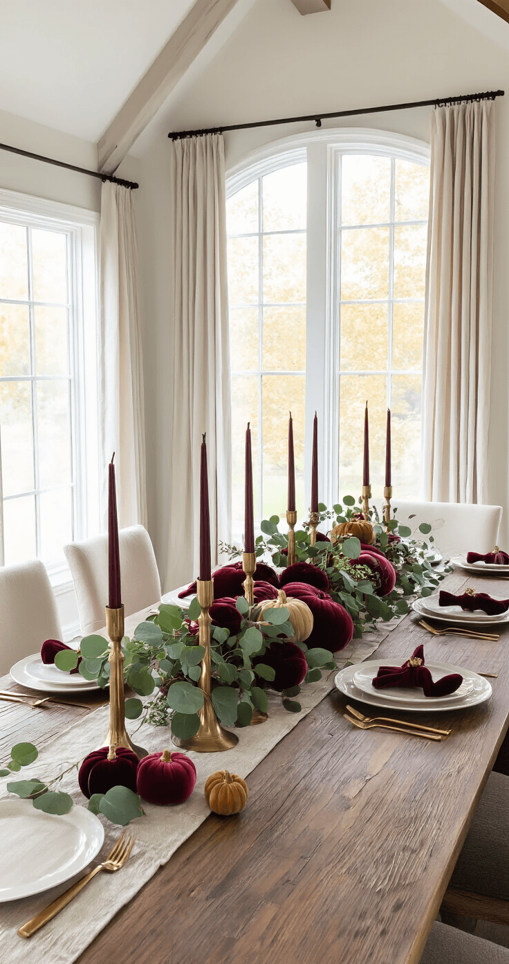 Cozy Fall Table Decor: Transform Your Dining Space in 30 Minutes A modern farmhouse dining space with a vaulted ceiling and exposed beams, featuring a rustic harvest table adorned with a dramatic fall centerpiece of brass candlesticks, velvet pumpkins in jewel tones, and eucalyptus, illuminated by morning light filtering through sheer curtains.