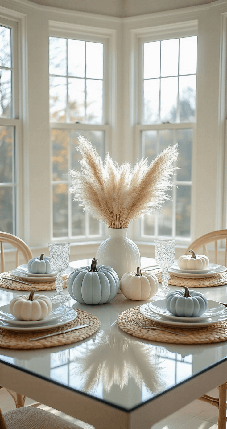 Cozy Fall Table Decor: Transform Your Dining Space in 30 Minutes A bright and airy breakfast room with bay windows, featuring a glass-topped table set with natural woven placemats, decorated with white and pale blue pumpkins, dried pampas grass, and crystal candleholders, all illuminated by soft, natural light.
