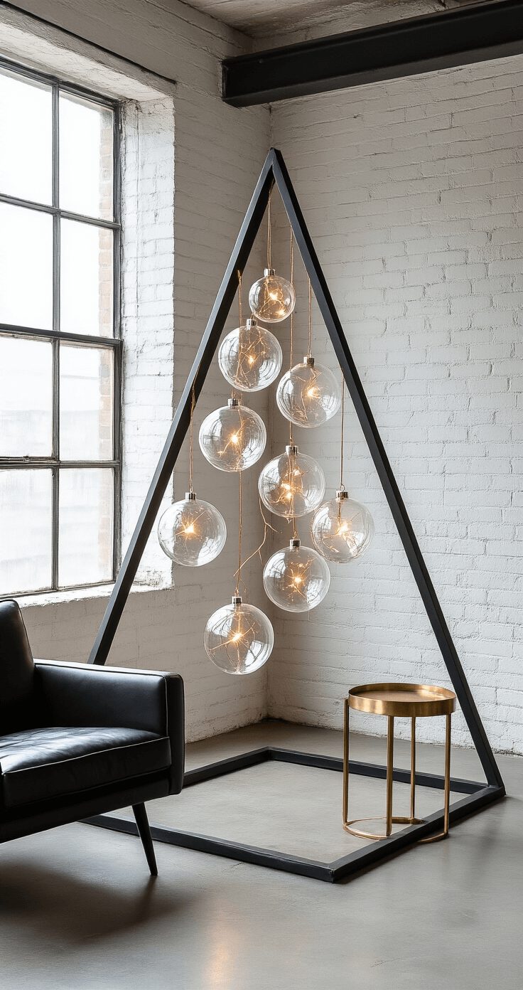 Minimalist Christmas Tree: A Modern Approach to Holiday Decor A cozy corner vignette in a compact urban apartment, featuring a geometric metal frame tree adorned with oversized glass ornaments and copper wire lights, set against a white brick wall and complemented by a modern black leather chair and brass side table, all illuminated by early morning light.