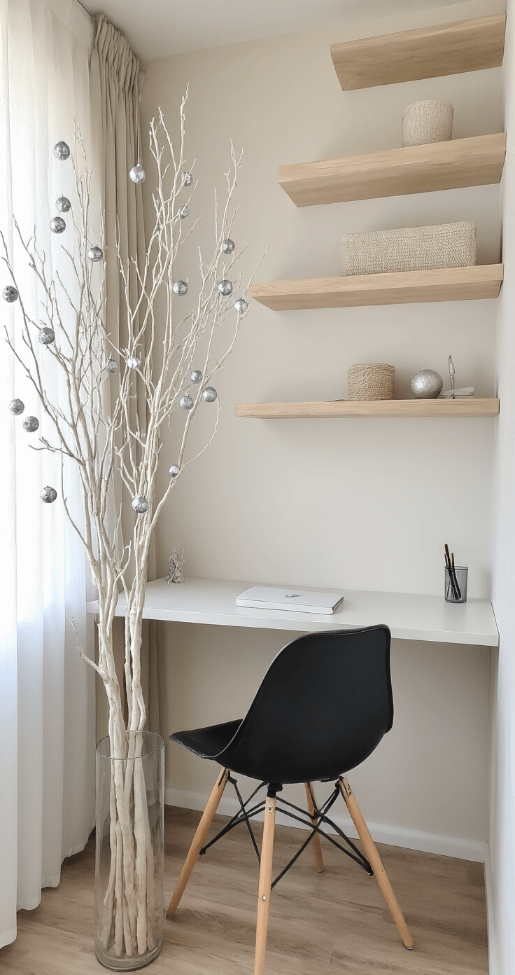 Minimalist Christmas Tree: A Modern Approach to Holiday Decor Minimal home office nook featuring a white desk and black chair, with pale oak built-in shelving and a DIY twig tree in a clear vase, adorned with silver baubles. Morning light filters through sheer curtains, creating soft, even lighting with a slight backlight.