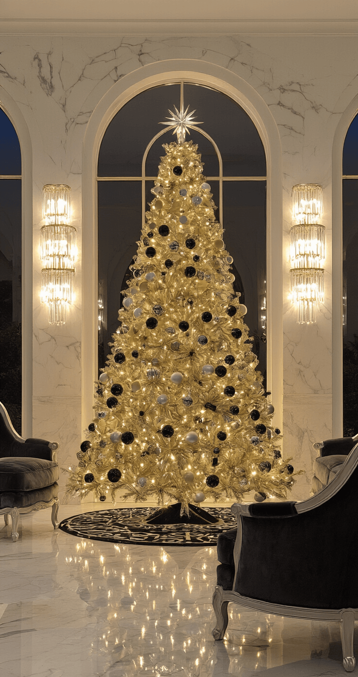 Sparkling Nostalgia: How to Create the Ultimate Retro Tinsel Christmas Tree Art deco-inspired formal living room features arched doorways, an 8-foot champagne tinsel tree reflecting in floor-length mirrors, crystal sconces casting evening shadows, and luxurious velvet furnishings against marble surfaces, all adorned with gold, silver, and black geometric-patterned ornaments.