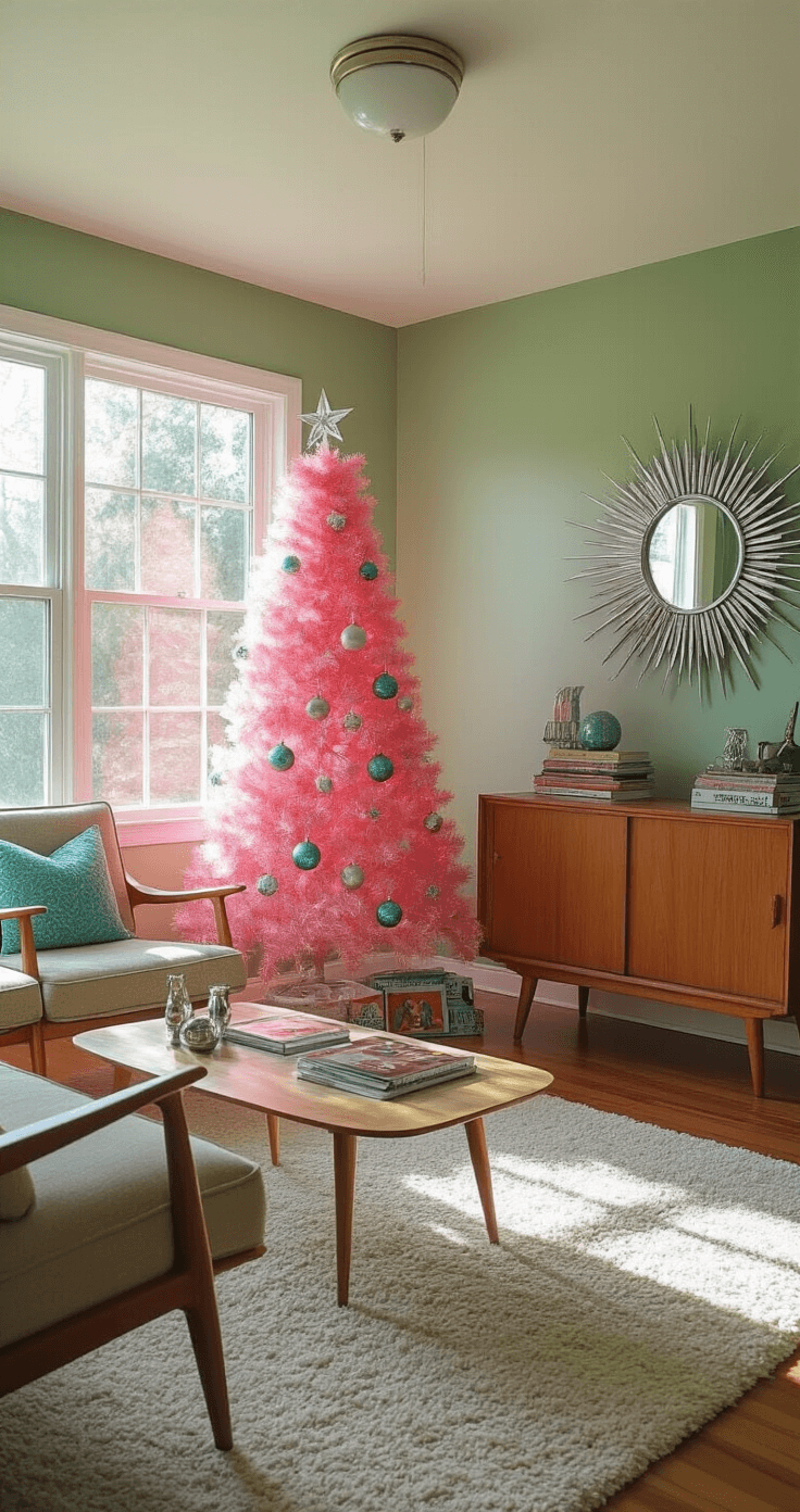 Sparkling Nostalgia: How to Create the Ultimate Retro Tinsel Christmas Tree A cozy ranch-style family room featuring a 6-foot pink tinsel tree against sage green walls, with afternoon sunlight illuminating Danish modern furniture and playful turquoise and silver atomic-style ornaments. A starburst mirror and vintage albums enhance the whimsical retro-kitsch vibe, captured at a 45-degree angle.