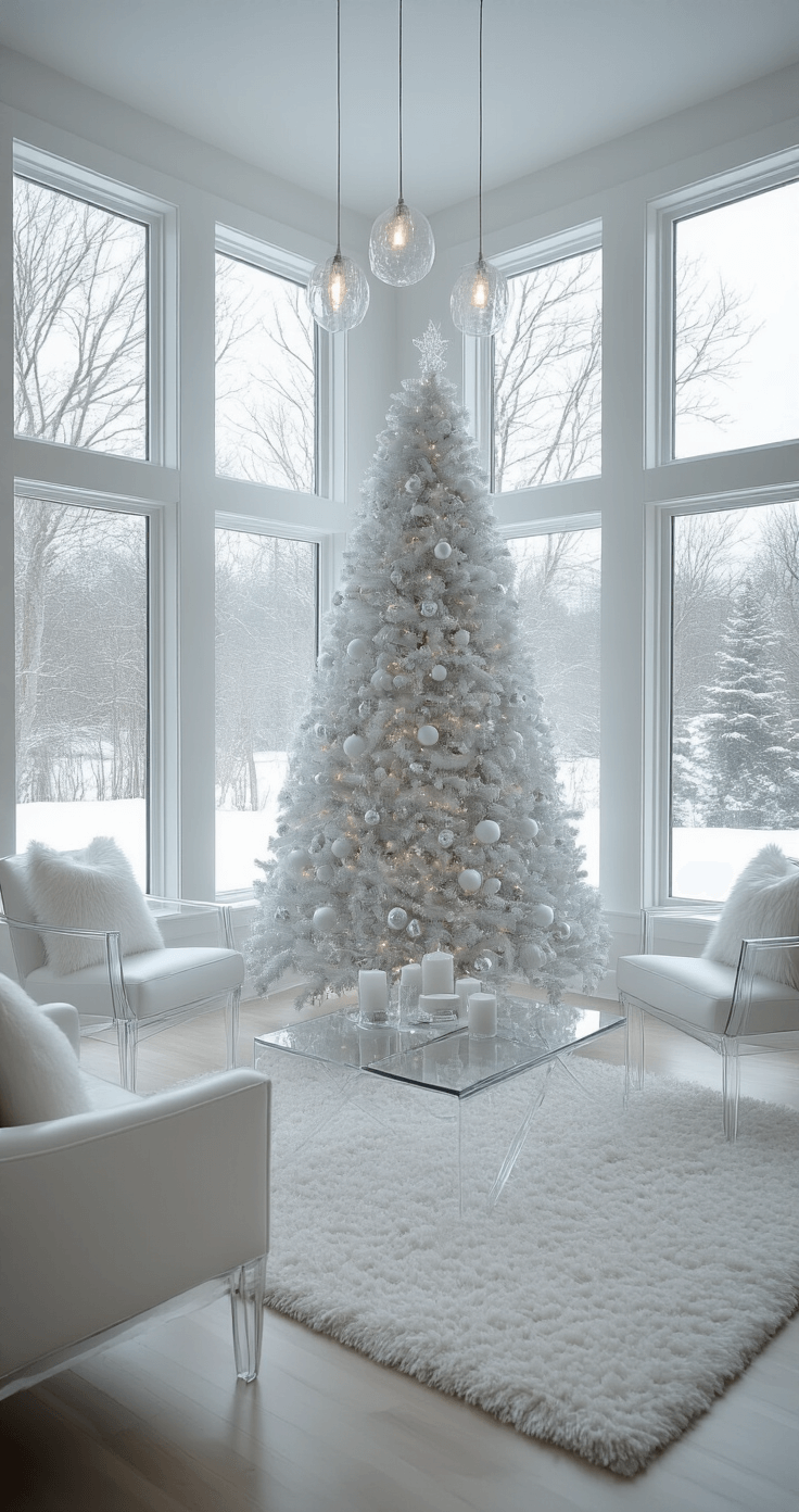Sparkling Nostalgia: How to Create the Ultimate Retro Tinsel Christmas Tree A modernist sunroom features wraparound windows, a 7-foot icy white tinsel tree adorned with monochromatic white and silver ornaments, and illuminated by diffused natural light and pendant lights. The space includes lucite furniture and a white shag rug, creating a sophisticated winter wonderland aesthetic.