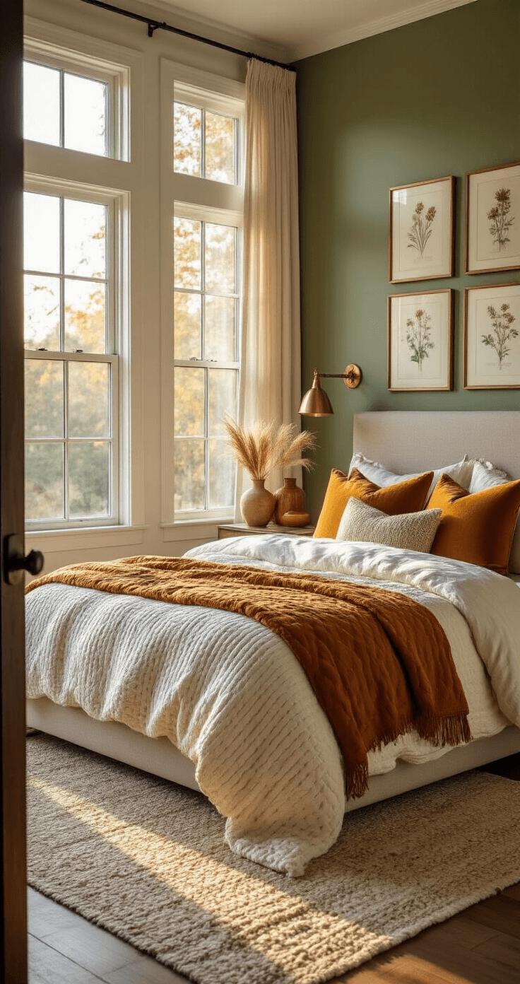Creating a Cozy Fall Bedroom Retreat: Your Ultimate Styling Guide A master bedroom featuring a king bed with a chunky knit ivory duvet and burnt orange throw, surrounded by tall windows letting in golden hour sunlight. The room has a sage green accent wall with vintage botanical prints, dark walnut side tables with ceramic vases and amber glass candle holders, and a weathered brass floor lamp providing warm ambient light.
