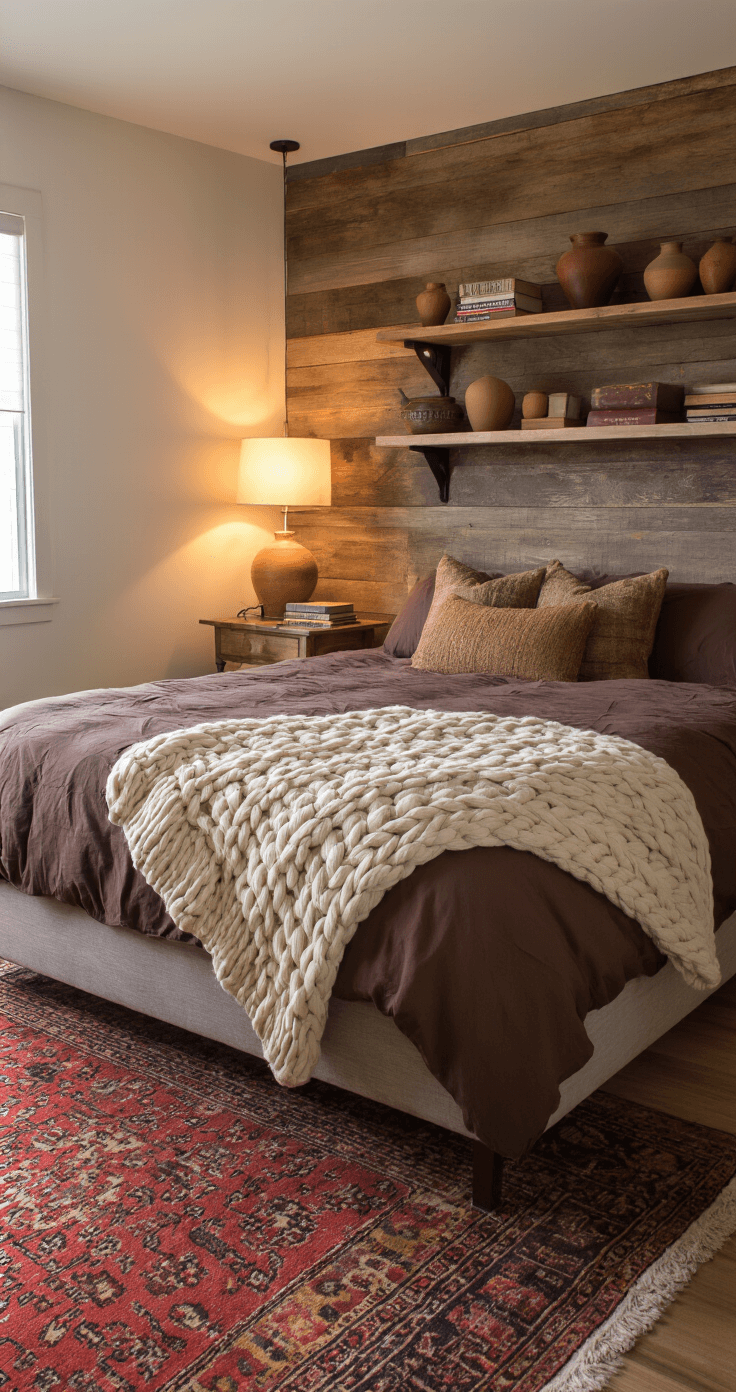 Creating a Cozy Fall Bedroom Retreat: Your Ultimate Styling Guide A cozy bedroom at dusk with a queen bed dressed in a chocolate brown duvet and cream throw, rustic wooden headboard, floating shelves with earth-toned pottery, layered vintage rugs, and a leather reading chair with a copper floor lamp.