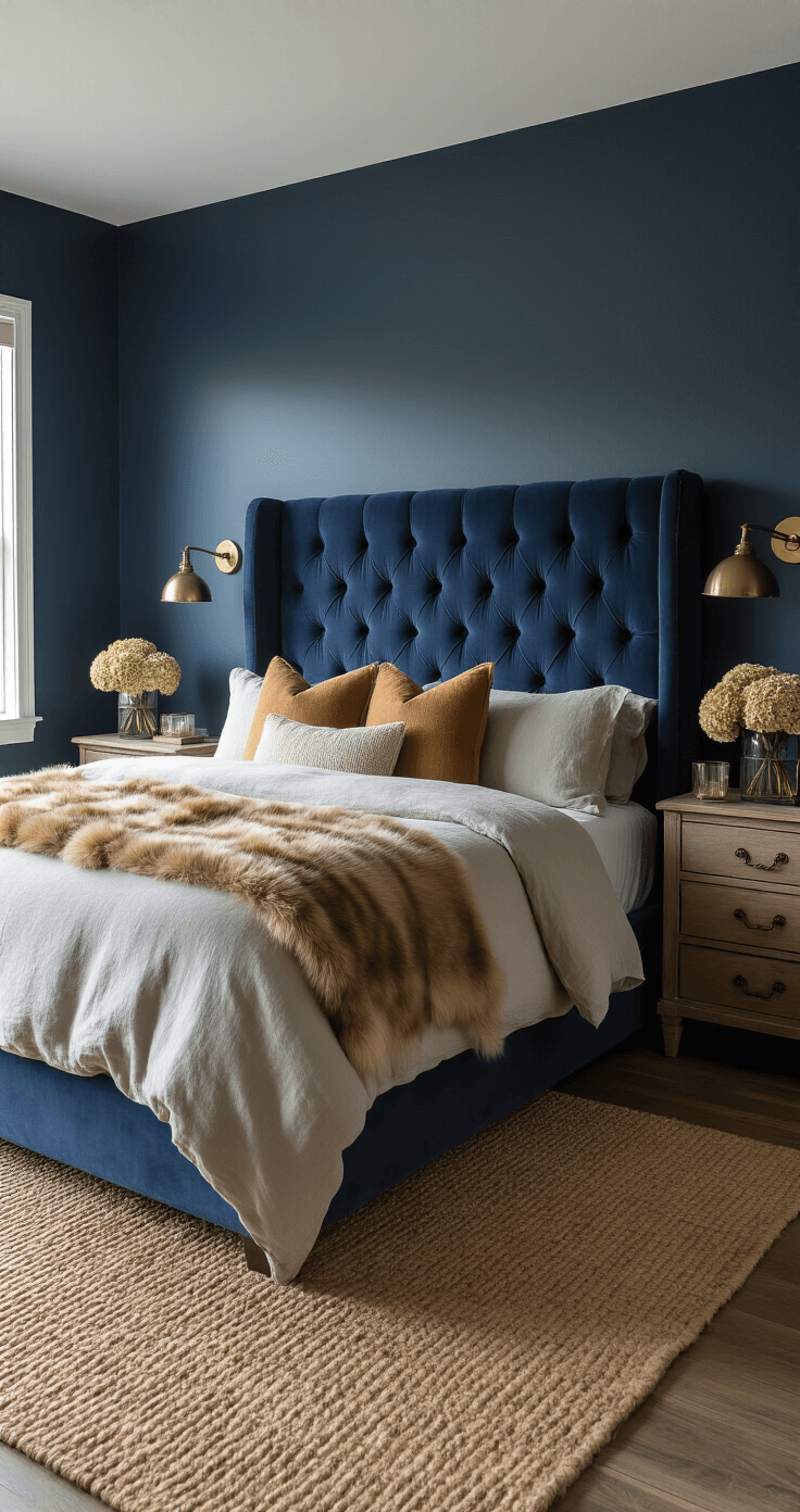 Creating a Cozy Fall Bedroom Retreat: Your Ultimate Styling Guide Eye-level view of a spacious primary bedroom showcasing a king bed with navy tufted headboard and warm grey linen bedding, accented by caramel faux fur throws. The room features moody blue walls, warm wood flooring, woven jute rug, and antiqued brass nightstands with glass hurricanes and dried hydrangeas, illuminated by soft morning twilight.