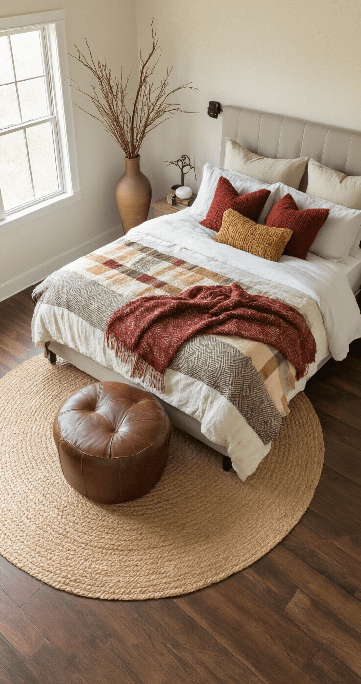 Creating a Cozy Fall Bedroom Retreat: Your Ultimate Styling Guide Bird's eye view of a 14x16ft bedroom featuring a king bed adorned with a herringbone wool throw, chunky knit pillows in deep red and gold, and a vintage quilt in muted fall tones, surrounded by a round jute rug and a leather ottoman, with dried oak branches in a tall vase, set against rich brown wood floors and cream walls.