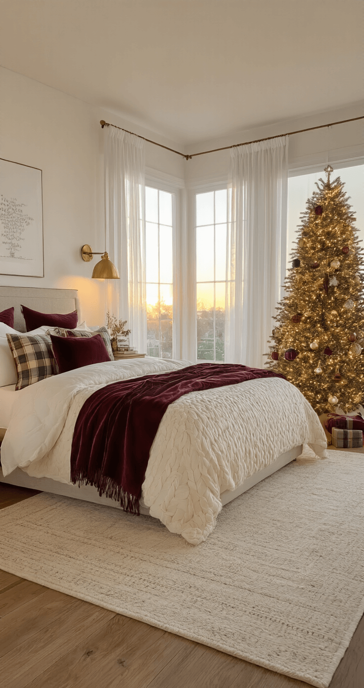 Creating Your Perfect Christmas Bedroom Sanctuary: A Cozy Styling Guide A spacious master bedroom with a king-size bed layered in cozy textiles, a flocked Christmas tree adorned with warm lights, and vintage brass lamps, illuminated by golden hour sunlight filtering through sheer curtains.