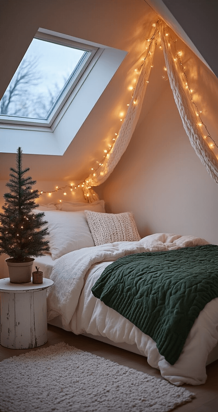 Creating Your Perfect Christmas Bedroom Sanctuary: A Cozy Styling Guide A cozy bedroom nook at dusk featuring a twin bed with ivory flannel sheets and forest green quilting, warm copper fairy lights overhead, and a small Norfolk pine on a white side table, with cool twilight blues visible through the dormer window.