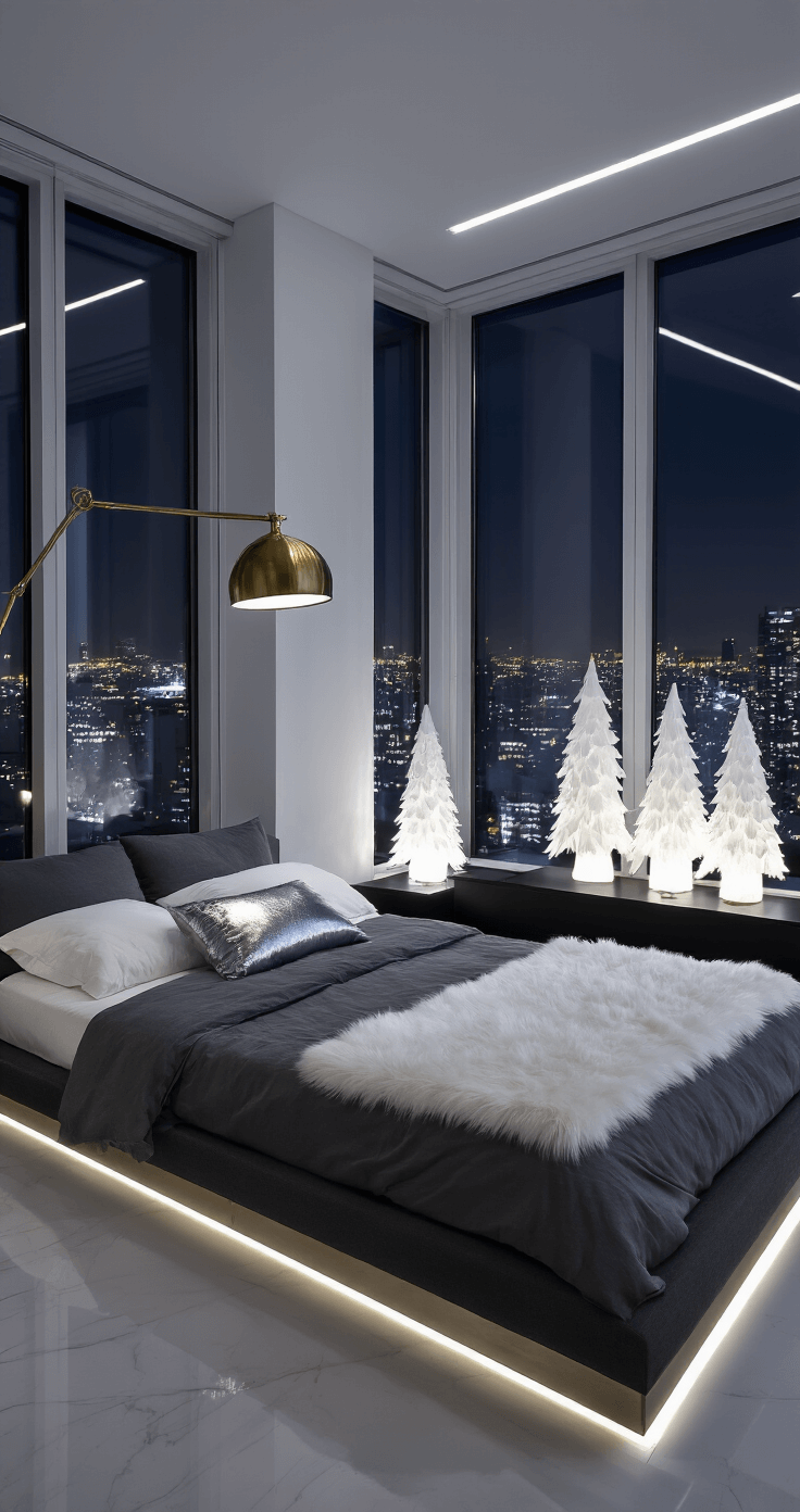 Creating Your Perfect Christmas Bedroom Sanctuary: A Cozy Styling Guide A contemporary 12x14ft bedroom at night featuring a minimalist platform bed with charcoal linen, white faux fur accents, and metallic silver cushions, illuminated by a modern brass floor lamp. White ceramic trees on a black console emit soft light, while floor-to-ceiling windows display city lights. The elevated angle highlights geometric lines and reflective surfaces, with cool white LED strips providing ambient lighting.