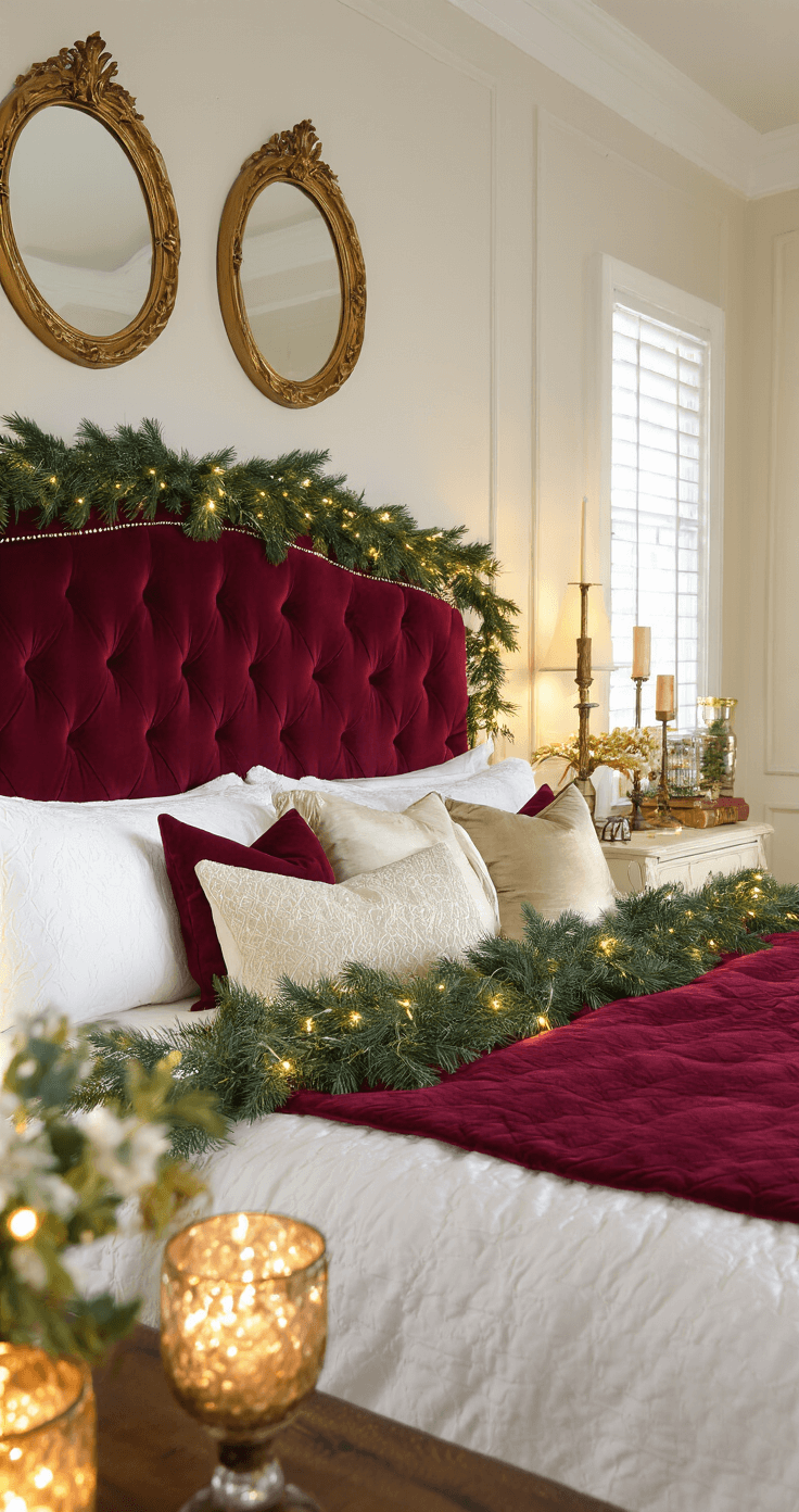 Creating Your Perfect Christmas Bedroom Sanctuary: A Cozy Styling Guide Low-angle view of a traditional bedroom showcasing a grand burgundy velvet headboard decorated with a fresh pine garland and warm white micro lights, surrounded by luxurious white bedding and plush accent pillows, with antique gold mirrors reflecting candlelight from glass hurricanes, captured during golden hour.