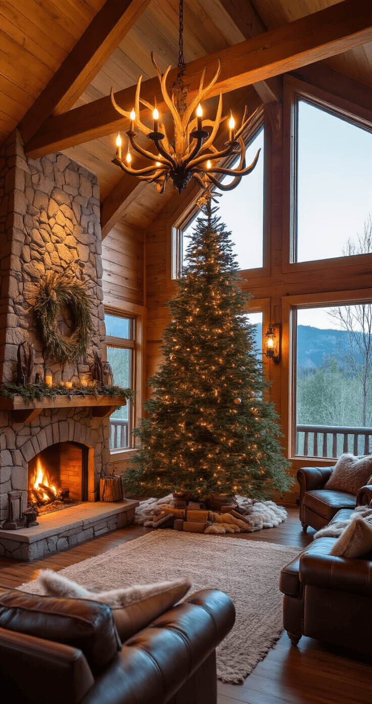 Magical Christmas Tree Wallpapers: Your Ultimate Guide to Festive Digital Backgrounds Cozy mountain cabin great room at twilight featuring a fresh-cut pine tree, rustic decorations, glowing stone fireplace, reclaimed timber walls, leather and sheepskin textures, and an antler chandelier casting warm light.