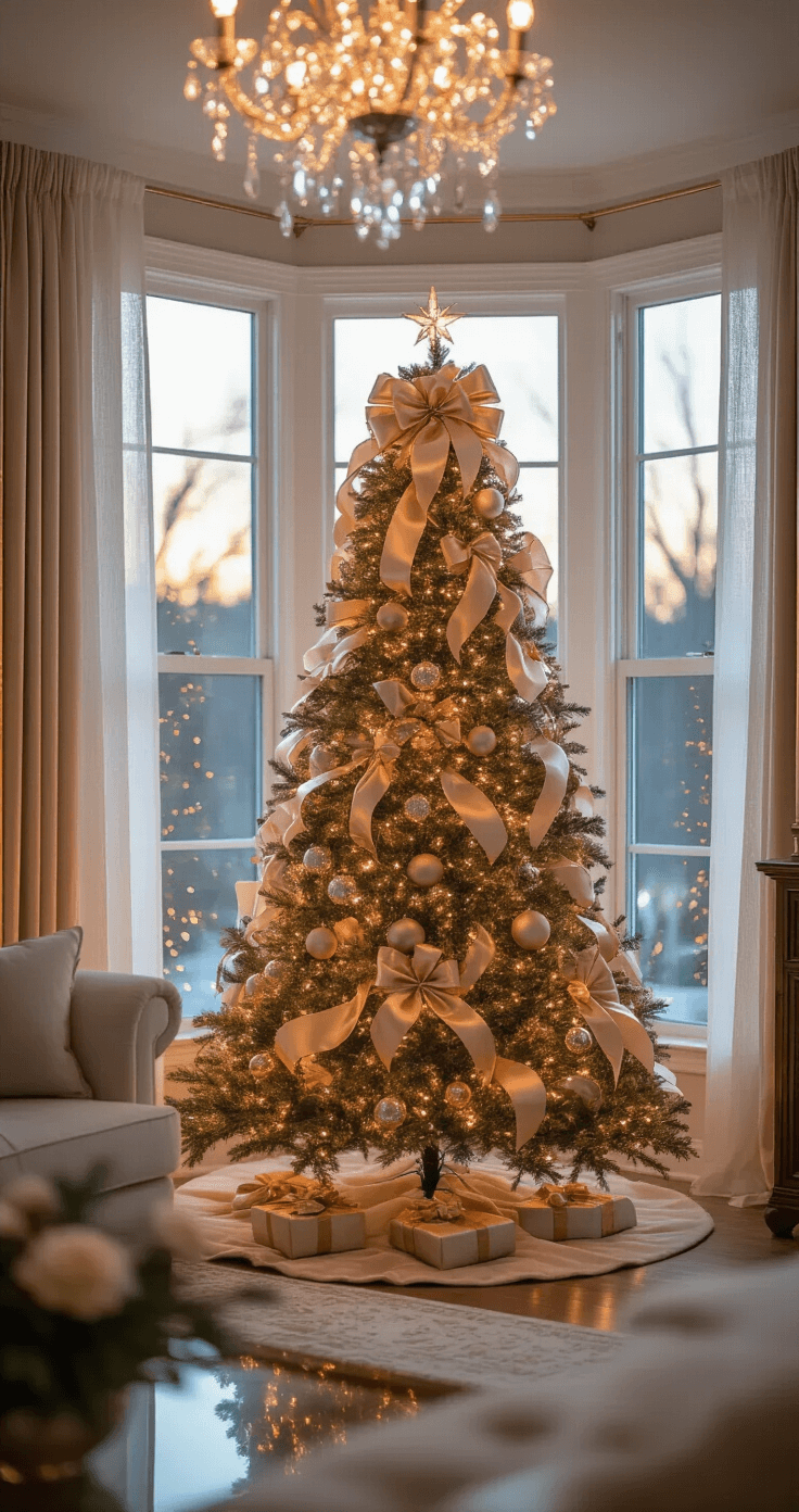 Mastering Christmas Tree Bows: The Ultimate Decorating Guide A cozy living room at dusk, featuring a 9ft noble fir Christmas tree in a bay window, adorned with oversized champagne satin bows and cascading ribbons in rose gold and cream. Golden hour light filters through sheer curtains, illuminating the elegant decorations, while ambient lighting from a crystal chandelier adds sparkle to metallic ornaments. The shot captures the tree's reflection in an adjacent window, with a bokeh effect enhancing the scene's depth.