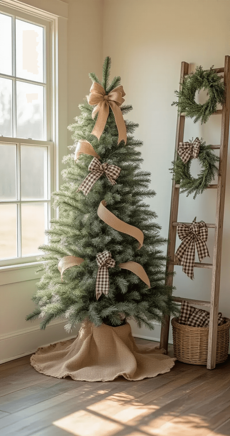 Mastering Christmas Tree Bows: The Ultimate Decorating Guide An intimate corner setting in early morning light features a 7ft flocked pine decorated in rustic farmhouse style, showcasing handcrafted burlap and plaid bows on whitewashed branches, with natural light highlighting texture contrasts. A vintage ladder display holds smaller coordinating bows, against a backdrop of weathered wood floors and cream walls adorned with vintage metal accents.