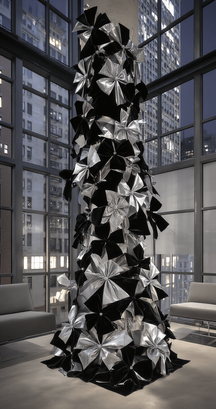 Mastering Christmas Tree Bows: The Ultimate Decorating Guide A modern metropolitan loft space at night, featuring a dramatic 12ft slim tree decorated with architectural black velvet and silver metallic bows, set against industrial windows showcasing city lights. The scene captures vertical lines and height, with LED uplighting casting dramatic shadows on minimalist grey and chrome furniture, highlighting the bow textures.