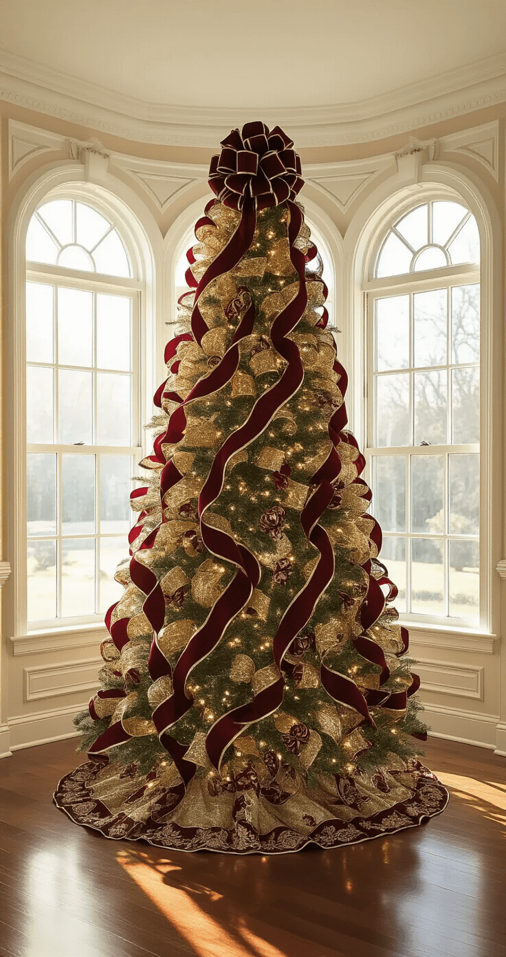 Mastering Christmas Tree Bows: The Ultimate Decorating Guide A traditional formal living room featuring an 8ft Fraser fir decorated with deep burgundy and gold multi-loop satin bows, set in a classical bay window with warm sunlight filtering through, rich hardwood floors reflecting the light, and crystal and brass accents enhancing the decor, captured from a 45-degree angle to highlight the ribbon details.