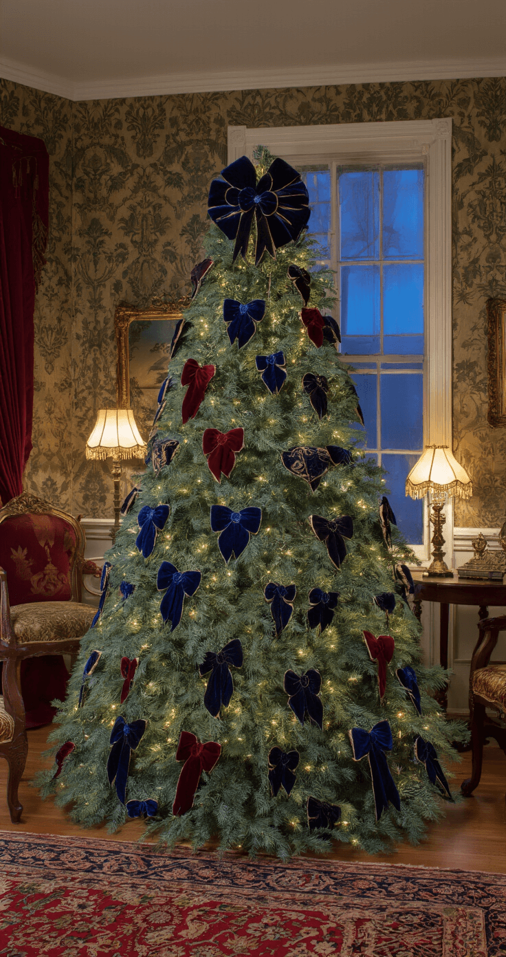 Mastering Christmas Tree Bows: The Ultimate Decorating Guide A Victorian parlor at twilight featuring an 8ft blue spruce adorned with vintage-inspired jewel-toned bows. Ornate wallpaper and period furniture complement the warm glow from antique brass lamps. Rich oriental rugs and heavy drapery enhance the elegant ambiance, with selective focus on the decorative bows.