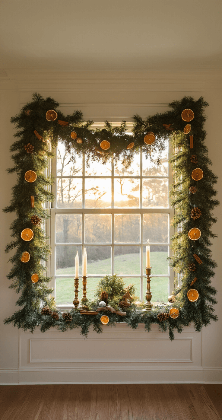 Magical Garland Christmas Decor: Transform Your Home with Festive Flair Intimate dining room featuring a bay window adorned with fresh pine garland and dried orange slices, bathed in warm golden hour light, with vintage brass candlesticks and mercury glass ornaments highlighting the greenery.