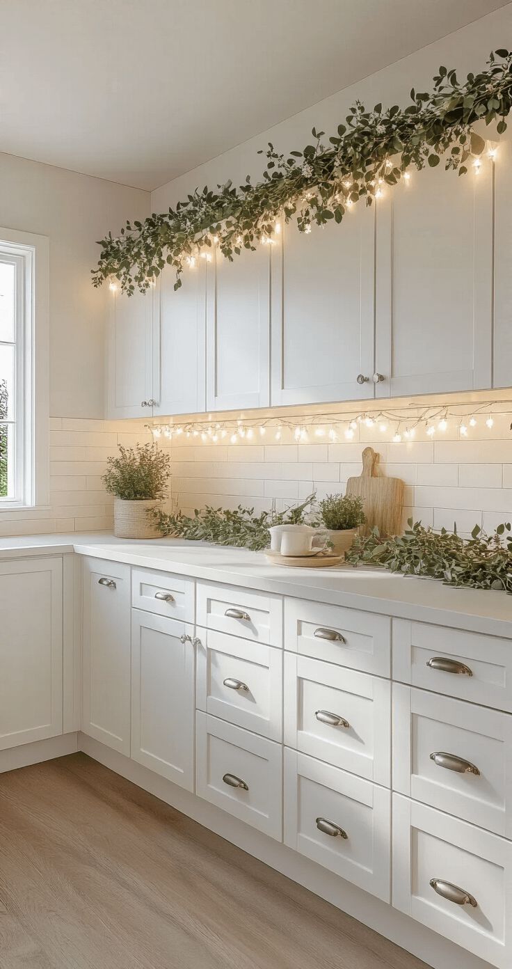 Magical Garland Christmas Decor: Transform Your Home with Festive Flair A modern farmhouse kitchen measuring 15x18 feet, featuring white shaker cabinets adorned with eucalyptus and olive branch garland, warm white fairy lights, and fresh herbs, captured from a corner angle to showcase clean lines and a bright, airy atmosphere.