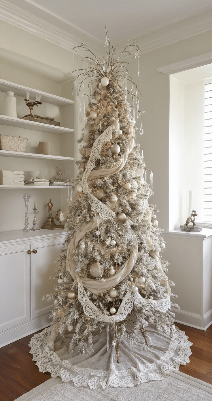 Creating a Stunning Neutral Christmas Tree: A Modern Decor Guide A cozy traditional living room alcove featuring a 6.5ft pencil Christmas tree adorned in neutral shades of pearl, sand, and champagne. The tree is decorated with vintage lace ribbon, glass icicles, and frosted ornaments, standing in an antique brass stand. The scene is captured in portrait orientation with dramatic side lighting, casting shadows that enhance the ethereal atmosphere. Built-in shelving frames the alcove, creating a warm and inviting space.