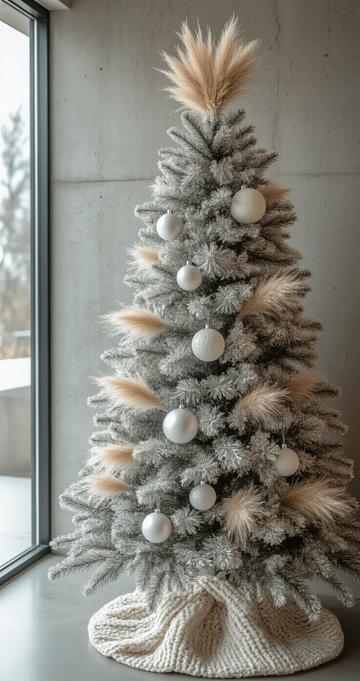 Creating a Stunning Neutral Christmas Tree: A Modern Decor Guide A contemporary open-concept space features a 10ft noble fir decorated with oversized white and silver ornaments, dried pampas grass sprays, and white ceramic baubles, complemented by a chunky knit garland and a modernist brushed nickel tree collar, all captured from a low angle with high-key lighting.