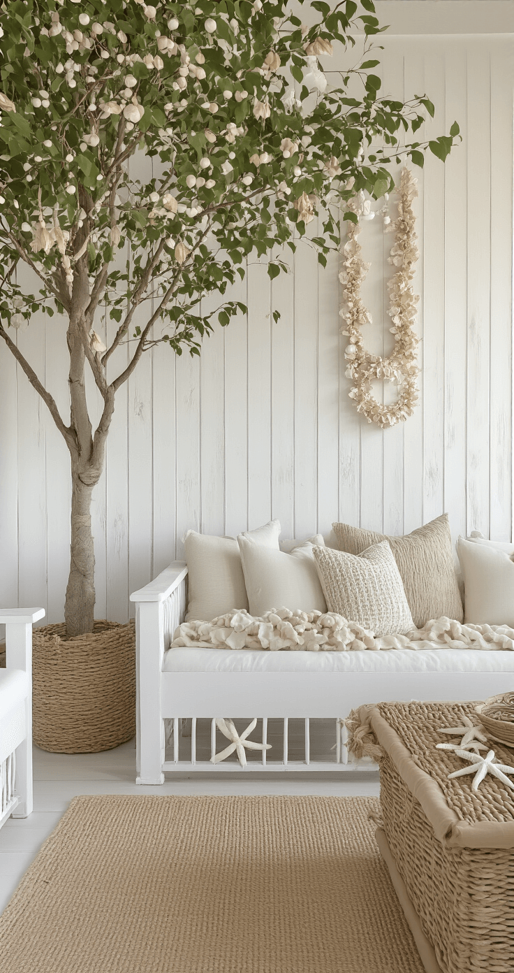 Creating a Stunning Neutral Christmas Tree: A Modern Decor Guide Coastal casual family room with whitewashed plank walls, featuring a 7ft tree decorated in beach-inspired neutrals and adorned with capiz shell garlands, jute roping, natural starfish, and bleached pinecone ornaments, all under soft morning light.