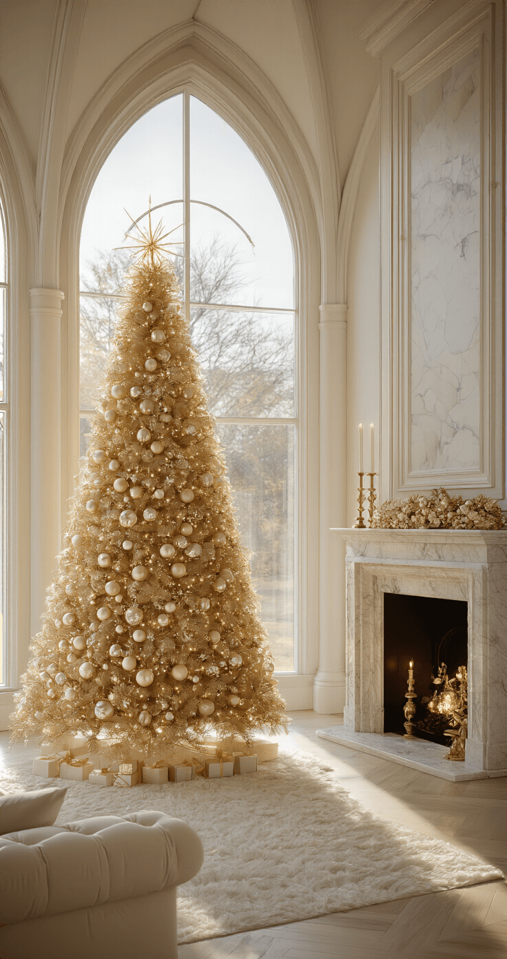Glamorous Gold Christmas Tree: Your Ultimate Styling Guide A luxurious living room with cathedral ceilings features a 9ft gold metallic Christmas tree in a bay window, adorned with graduated champagne and pearl ornaments, illuminated by warm afternoon sunlight. Plush cream velvet furnishings and a marble fireplace with gold accents complete the elegant setting, with cool white LED uplighting enhancing the tree's sparkle.
