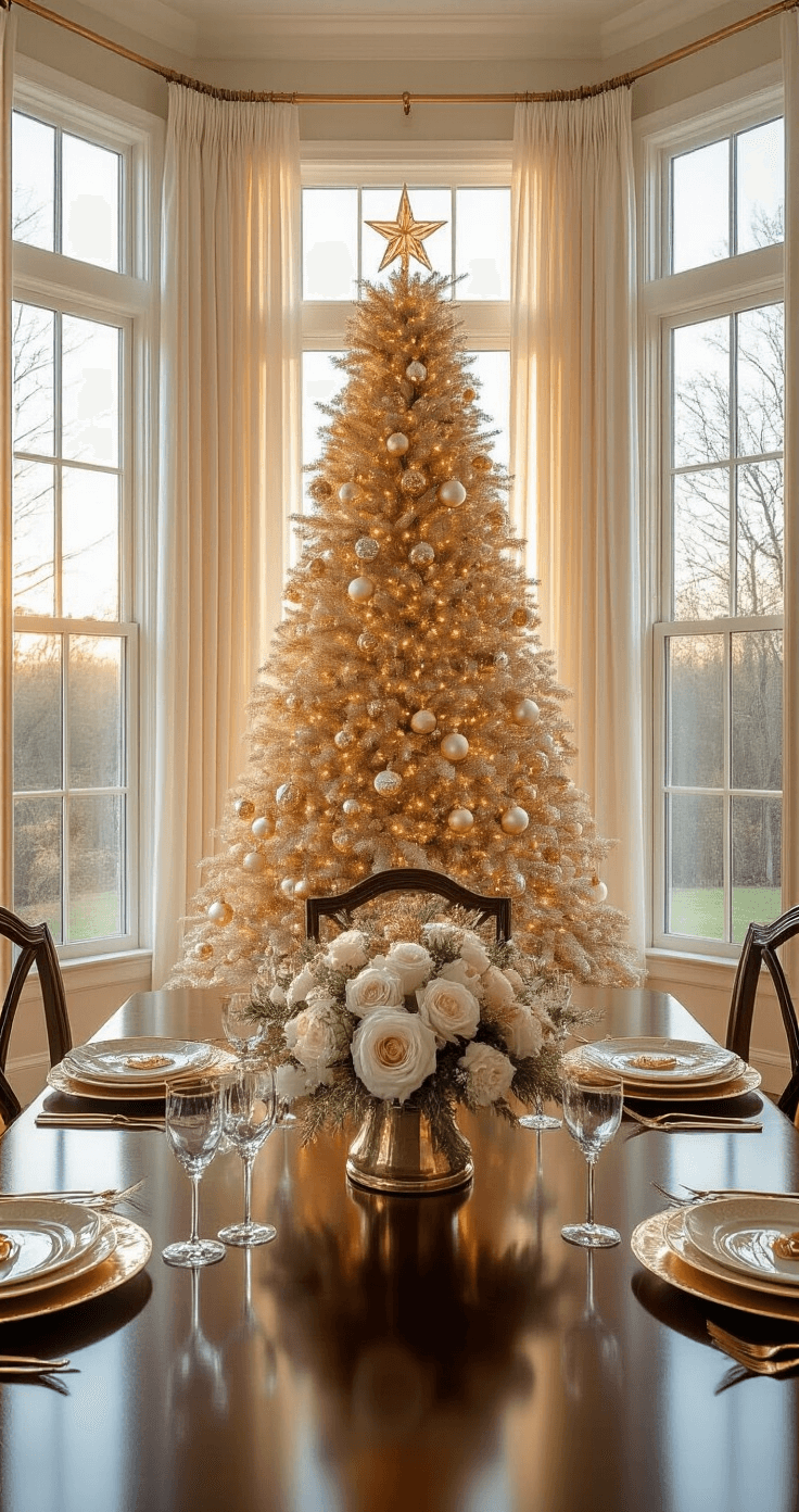 Glamorous Gold Christmas Tree: Your Ultimate Styling Guide Elegant formal dining room at golden hour featuring a slim gold Christmas tree with an ombré design, vintage ornaments, and a mahogany dining table set with gold chargers, illuminated by natural and warm artificial light.