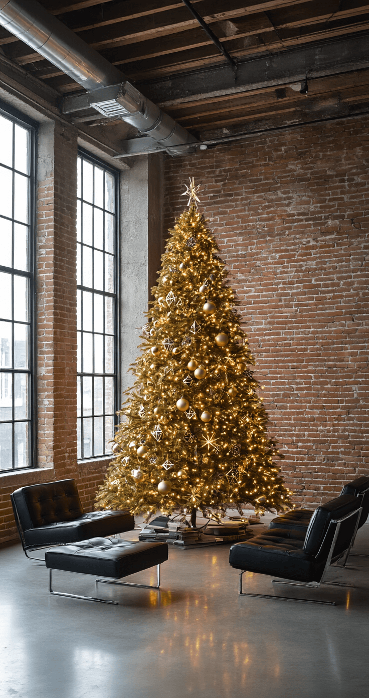 Glamorous Gold Christmas Tree: Your Ultimate Styling Guide Modern open-concept loft with 14ft concrete ceilings, featuring a 7ft matte gold Christmas tree adorned with geometric metallic ornaments and LED string lights, set against an exposed brick wall. The minimalist black leather furniture and chrome accents enhance the industrial feel, while early morning light streams through warehouse windows, casting dramatic shadows.